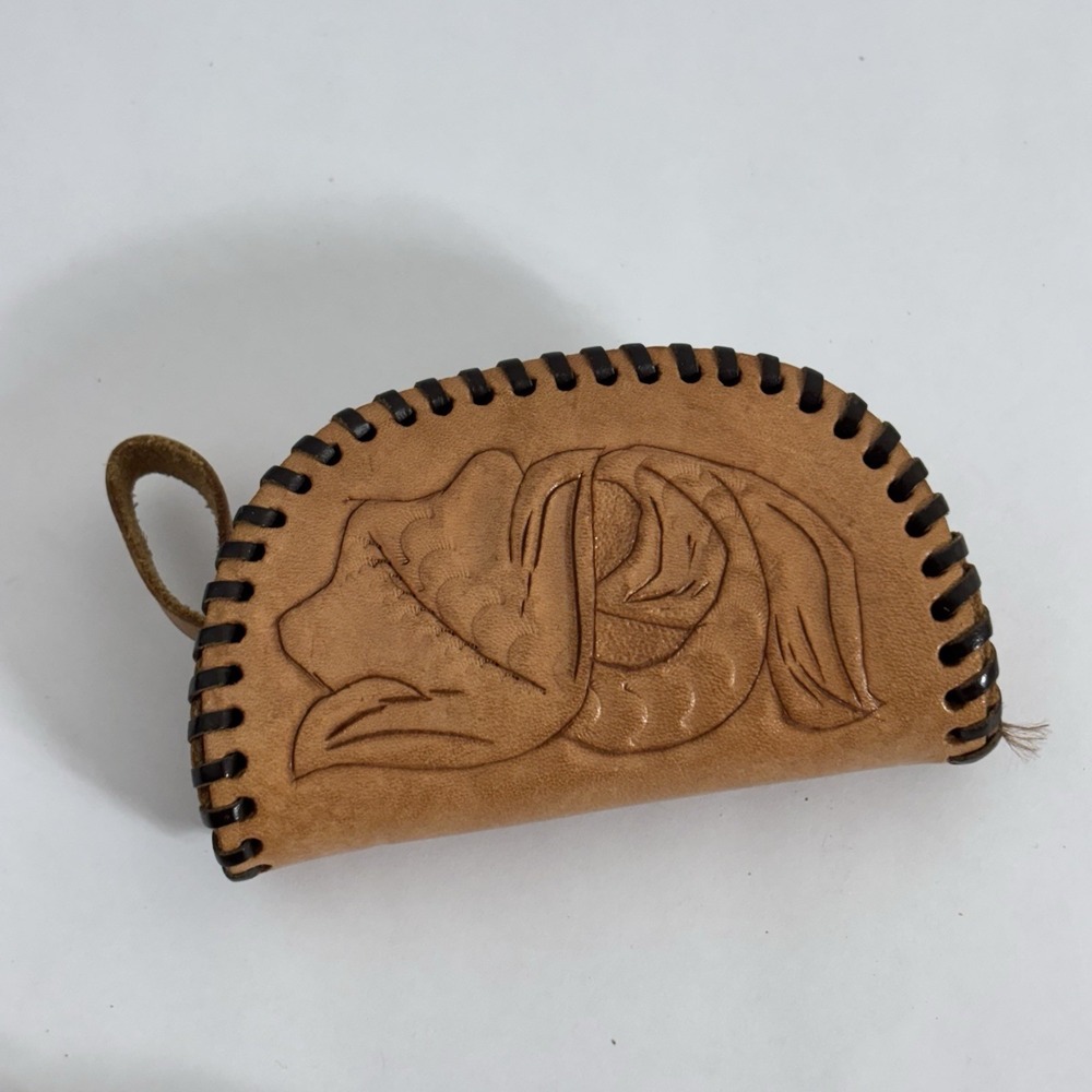 Vintage Leather Tooled Zip Up Coin Purse Flowers Bound Embossed Brown